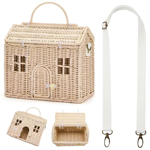 Image of Wettarn Handmade Rattan Doll House Rattan House Shape Shoulder Bag Wicker Basket with Lid for Doll Storage Basket Small Dollhouses Cute Woven Handcrafted Artwork Gift(Wood Color)