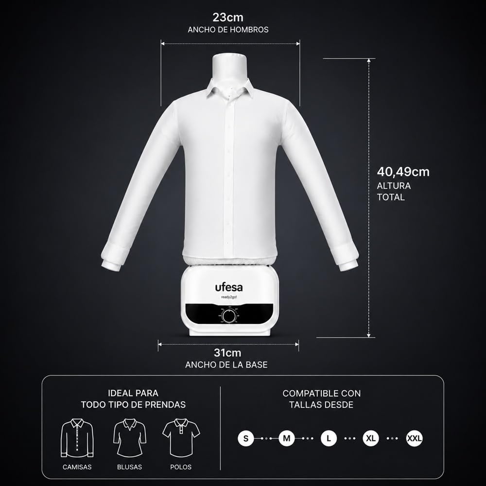 Ufesa Maniquí 2 en 1 SV1200, planchado y secado automáticos, 1200 W, elimina las arrugas, desodoriza y neutraliza los olores, temporizador de 3 horas, tallas S a XXL