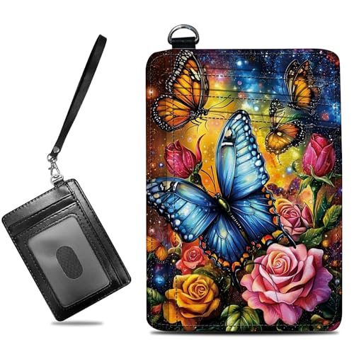 Small Travel Wallets, Color Butterfly Rose Slim Minimalist Front Pocket Wallet with Wristlet, RFID Blocking PU Leather Credit Card Holder with ID Window Change Purse for Men Women