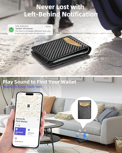 Mens Wallet with Smart Tracker, Leather Bifold Wallet, Works with Apple Find My, 10 Card Slots, Money Pocket, ID Window, RFID Blocking, GPS Wallet Tracker, Gift Box, Black Carbon Fiber3