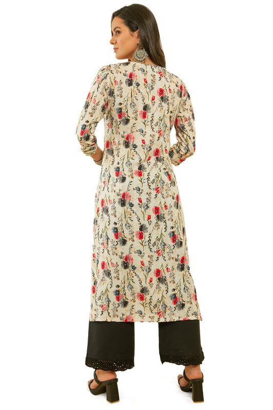 Image of Soch Womens Rayon Straight Fit Floral Print Straight Kurta with Kantha Weave