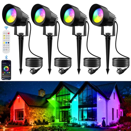 CORESLUX Spot LED Extérieur RGB, 4 Pièces Éclairage de Jardin LED RGB avec App Bluetooth et Télécommande, Avec une prise de 1.5 m, Étanche IP65 Lumiere...