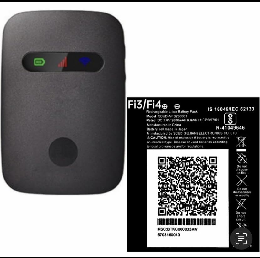 Wokia-Electronics JioFi3/Fi4 Battery, 2600mAh, Black, Dual Band, Touch Control, Outdoor/Travel
