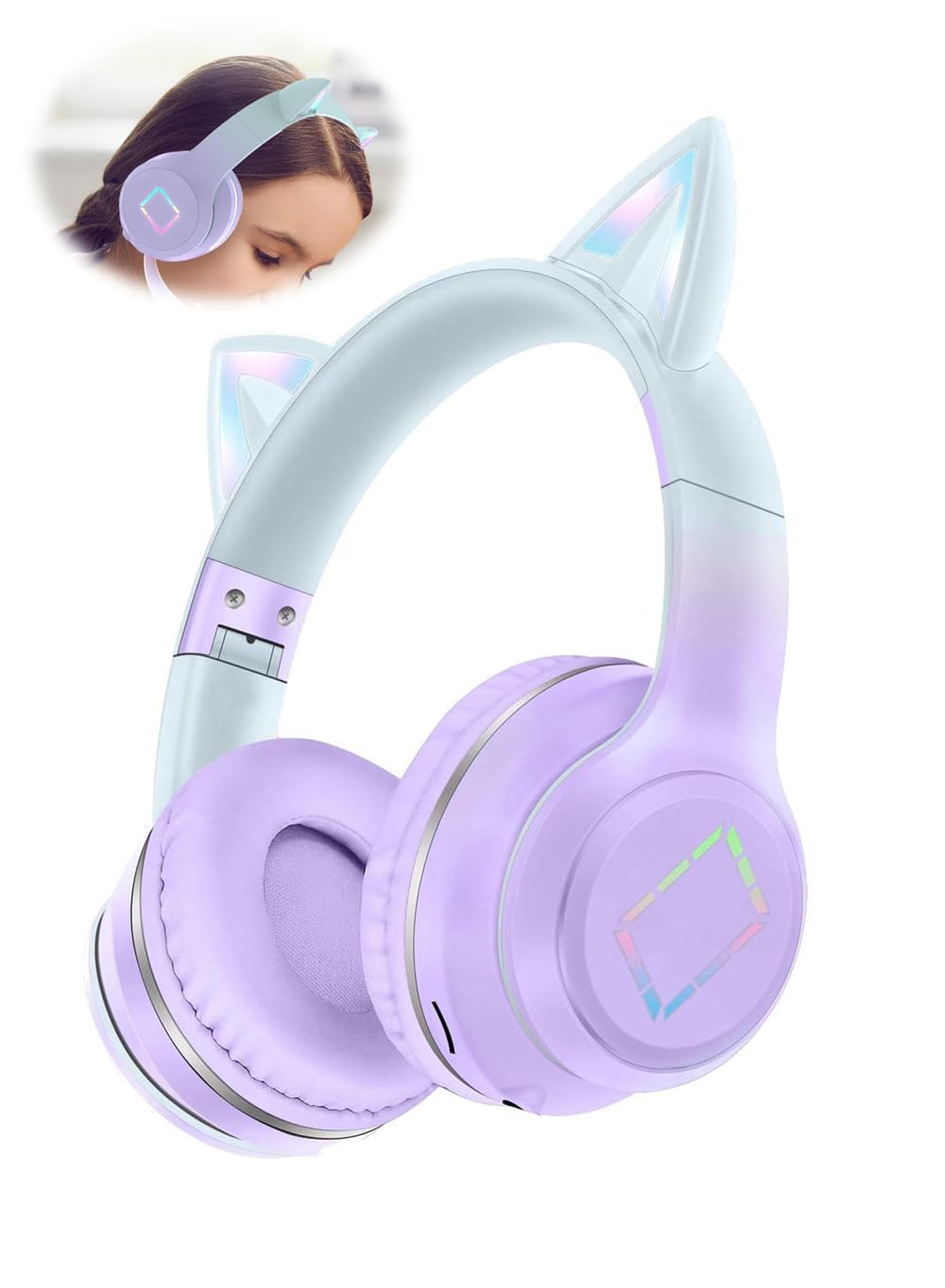 Azonee Kids Bluetooth Headphones, Cat Ear LED Light Wireless Child Headphones with Mic, Foldable & Adjustable, TF Card, Stereo Over-Ear Headset for Boys, Girls, Adults (Purple)