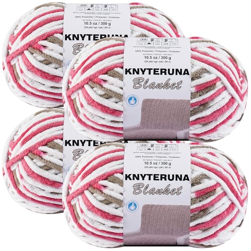 Image of #6 Super Bulky Blanket Yarn for Crocheting - 4 Skeins(Each 10.5oz /300g, 220yds /201m), Chunky Chenille Thick Plush Big Soft Yarn for Crocheting Knitting Blankets, Khaki & Rose & White