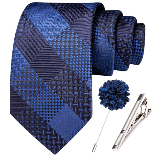 Image of Hi-Tie 63 inches Striped Paisley Extra Long Ties for Men Silk Necktie with Lapel Pin Tie Clip Big and Tall Men Formal Wedding