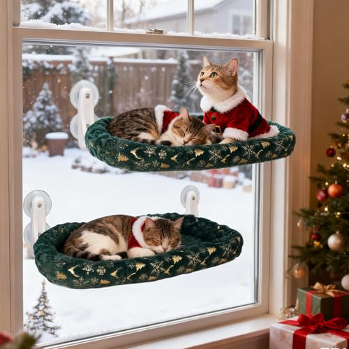 L&W BROS. 2-Pack Foldable Cat Window Perches with Christmas Cushion Bed – Easy to Assemble 20.5"x11.2" Cat Hammock for Window