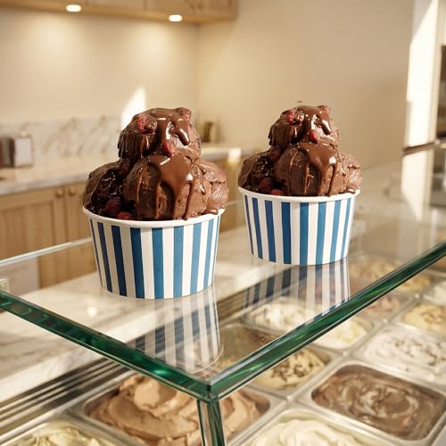 Image of Restaurantware Coppetta 12 Ounce Dessert Cups, 50 Disposable Ice Cream Cups - Lids Sold Separately, Sturdy, Blue And White Paper FroYo Bowls, Striped, For Hot And Cold Foods, Perfect For Gelato