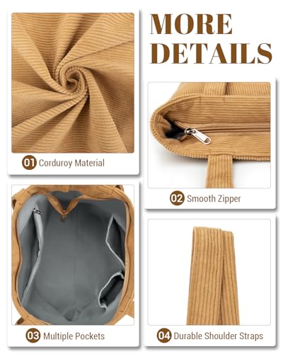Image of Iioscre Corduroy Tote Bag for Women,Hobo HandBags with Zipper,Large Capacity Casual Shoulder Handbags with Inner Pockets