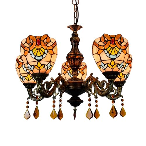 Lampadario in vetro colorato, 5 teste da 6 pollici, lampada da soffitto in stile barocco giallo, lampada a sospensione in cristallo, decorazione vintage, per sala da pranzo, soggiorno, camera da lett