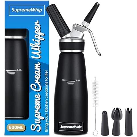 SupremeWhip PRO Cream Dispenser, Durable High-Grip, Metal Lid with Rubber, 3 Nozzles, for Hot/Cold Use, Cleaning Brush Included, Black - 500 ml / 1 Pint Cover