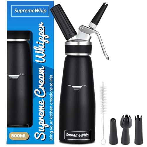 SupremeWhip PRO Cream Dispenser, Durable High-Grip, Metal Lid with Rubber, 3 Nozzles, for Hot/Cold Use, Cleaning Brush Included, Black - 500 ml / 1 Pint