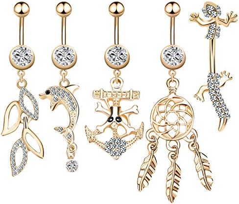 CABBE KALLO 5Pcs Dangle Belly Button Rings Set Navel Surgical Stainless Steel 14G Body Piercing Jewelry