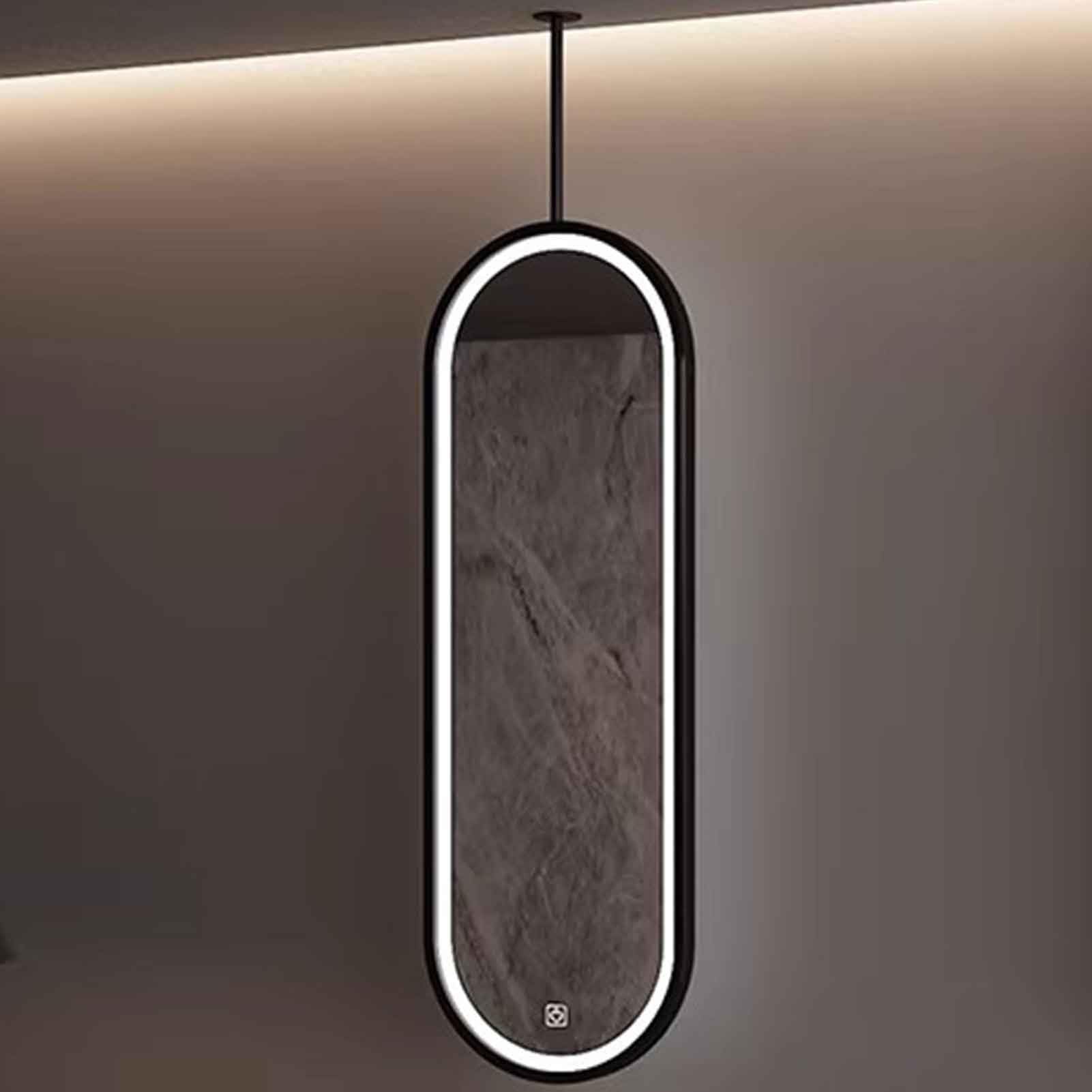 THEGA Ceiling Oval Hanging Suspended Mirrors, Ceiling Hanging Mirror With LED Light, Wall Mounted Dimmable 3 Color Lighting Mirror, Black Metal Frame Bathroom Vanity Mirror(80L x 40W cm)