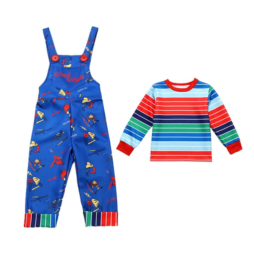 Lito Angels Boys Killer Costume with Striped Tee and Bib Overalls Horror Film Dress Up for Halloween Age 8-9 Years - Image 3