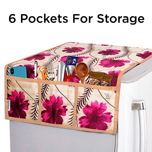 Image of Combo Set of 1 Pc Fridge Top Cover With 6 Utility Pockets and 4 Pc Fridge Mats (Golden, Set of 5)