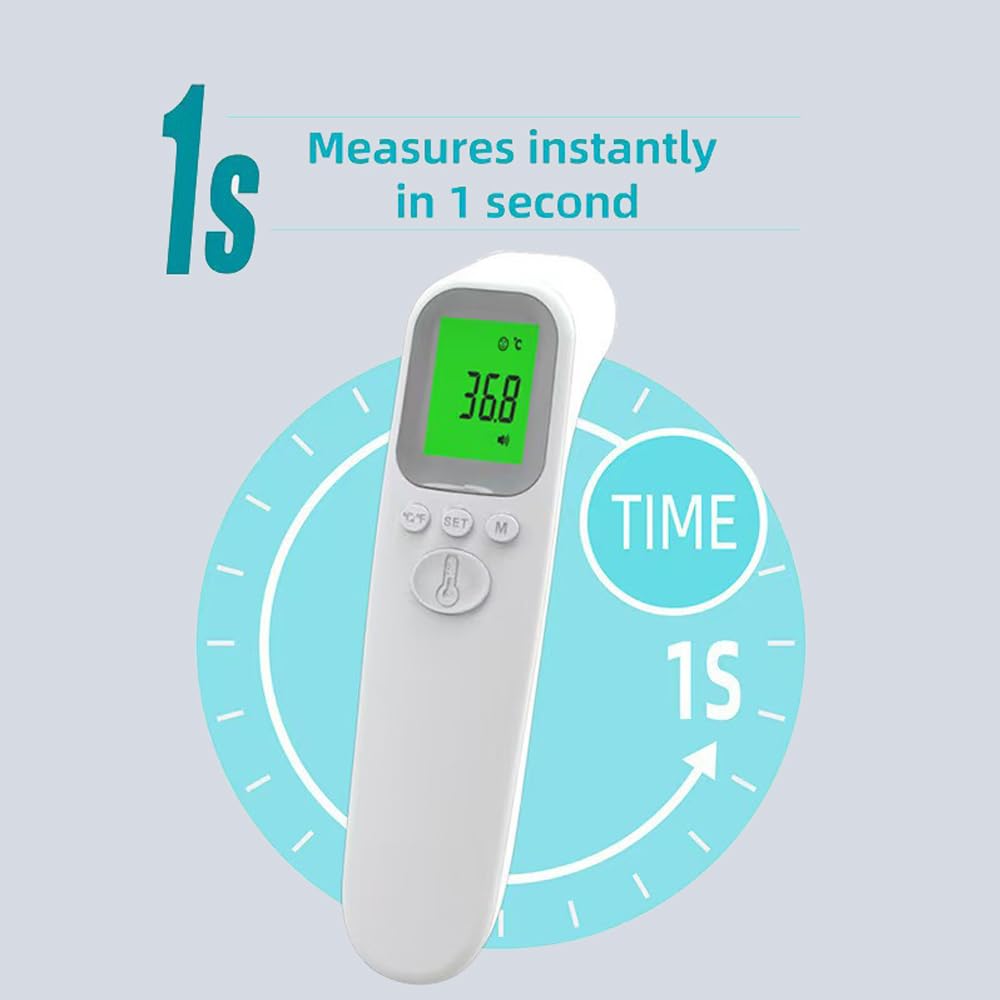 Thermomètre Frontal Sans Contact, Thermomètre Numérique avec 32 Mémoires, Écran LCD Rétroéclairé, Thermometre Frontal Adulte et Enfant, Lecture Instantanée 1s