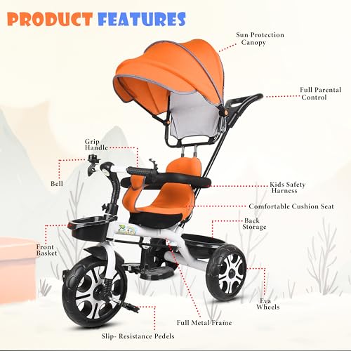 Image of BABY SMILE 4-in-1 Kids Tricycle with Adjustable Canopy, Parent Push Handle, Red and White (Orange)