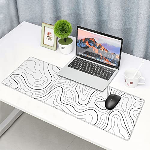 Image of White Extended Gaming Mouse Pad - 31.5 x 11.8 Inch Black and White Topographic Mouse Pad with Anti-Slip Rubber Base for Home Office