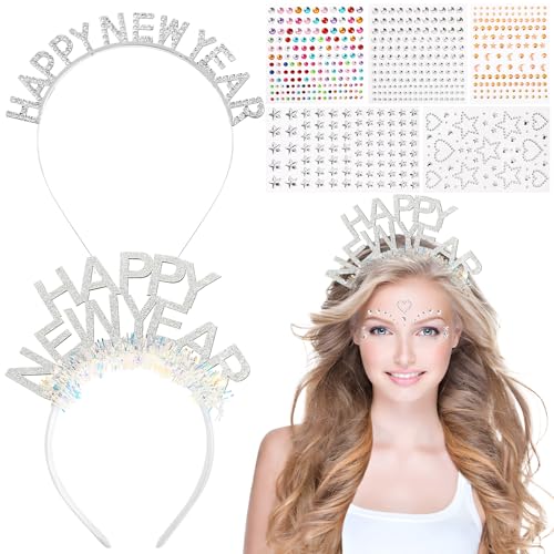 Photo de 2pcs Bandeaux de Nouvel An Serre-tête Happy New Year Brillants et Autocollants Stickers Strass Paillettes Étoile Cœur Lune Rond Décoration Accessoire de Coiffure pour Fête Réveillon de Nouvel An