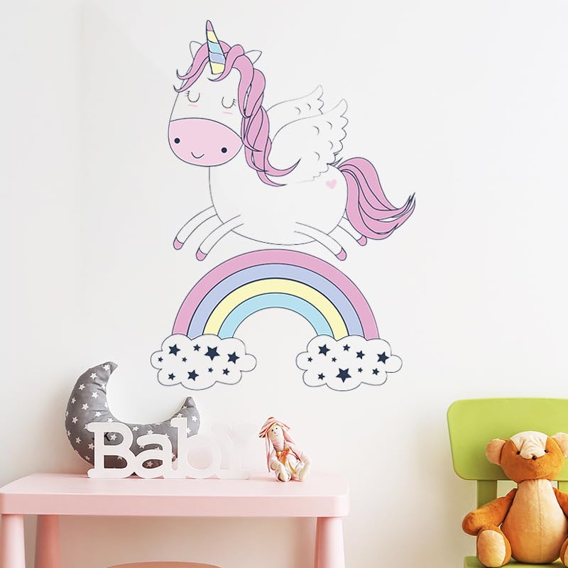 Image of Unicorn and Rainbow Wall Decal for Kids Nursery Decor, Bedroom Wall Stickers, Playroom Decoration, Baby Room Art-Self-Adhesive