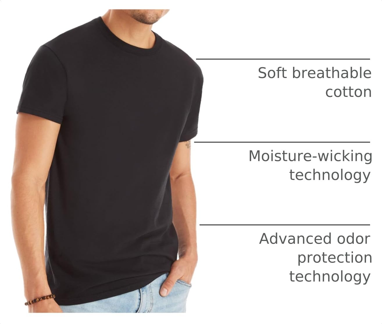 Hanes Mens Cotton, Moisture-wicking Crew Tee Undershirts, Multi-packs, Black/Grey/Blue Assorted - 6 Pack, Small US view 4