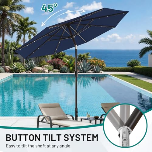 Image of AreShark 9FT Patio Umbrella with Solar Lights, 32 Lighted Pool Umbrella w /Tilt and Crank, Outdoor Market Solar Umbrellas for Garden, Deck, Backyard, Pool and Beach, Navy