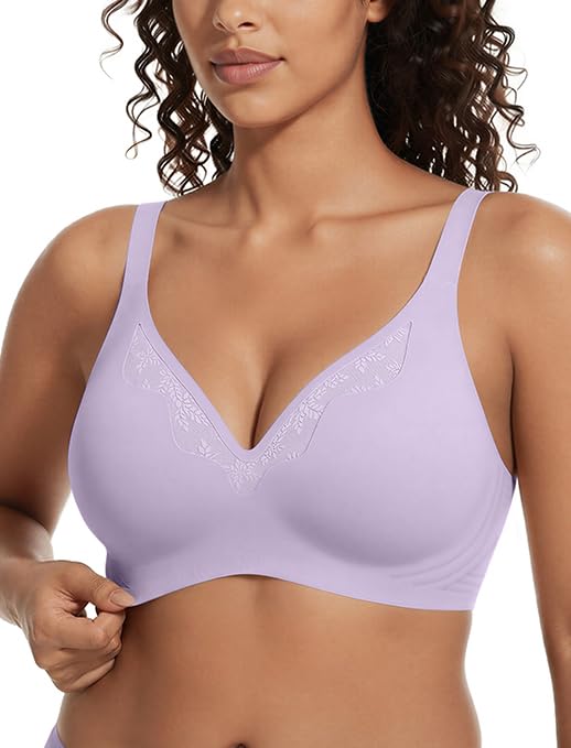 Showyoo Womens Wireless Bras Comfortable Lift Bra No Underwire Seamless Bralette Everyday Tshirt Braswith Lace Panel Lavender S