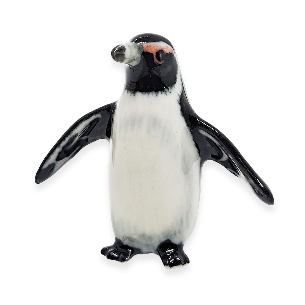 WitnyStore Tiny 1½" Galapagos Penguin Spread Wings Figurine - Miniature Hand Made Ceramic Aquatic Flightless Marine Bird Antarctic Polar Animals