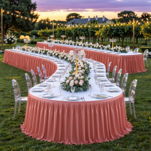 Partisky Rosy Pink Polyester Table Skirt for Rectangle Tables 17ft, Wrinkle Resistant Pleated Ruffle Table Cloth for Wedding Baby Shower
