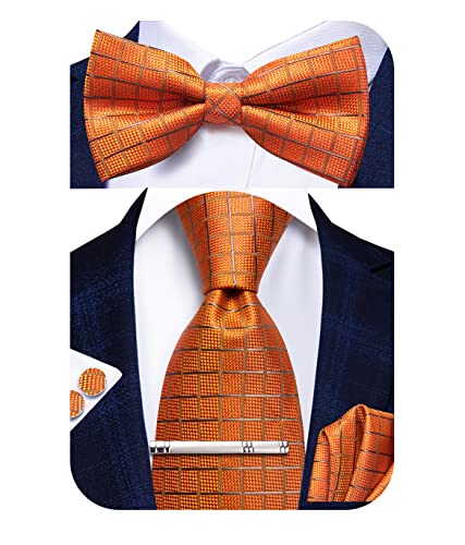 Image of Hi-Tie 5Pcs Mens Solid Color Silk Tie Satin Pretied Bowtie Lapel Pin for Men Handkerchief Cufflink Wedding Gift Box