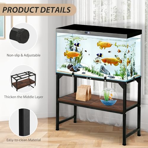 Image of 10-20 Gallon Fish Tank Stand, Metal Aquarium Stand with Adjustable Non-Slip Foot and Wooden Shelf, Reptile Tank Stand Easy to Assemble for Home Office, Firm and Steady(Tank not Included)