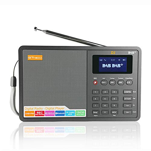 GT MEDIA DAB+& FM Digitale Radio Draagbare Alarm Radio, REC/RDS/Bluetooth/TF-kaart/Oplaadbare 18650 Batterij/AUX-IN/Ondersteuning 3.5mm Headset out/1.8 inch LED Zwart Wit Display