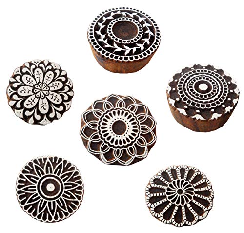 Wholesale (Pack of 6) Round Shaped Floral Designs 100% Handcarved Wooden Block Stamps/Tattoo/Indian Textile Printing Blocks.