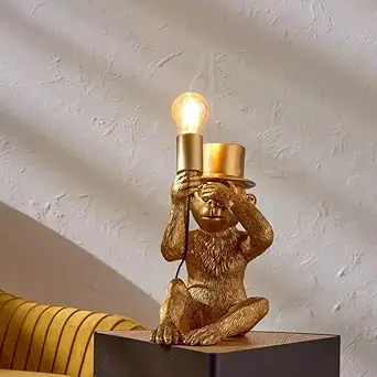 Glowave Charming Cute Golden Sitting Monkey Holding Light Sphere Bedside Table Lamp for Kids' Room - Warm White (Bulb Included) (Monkey)