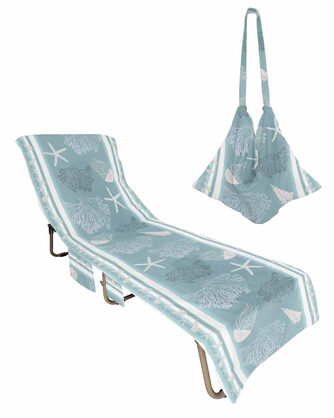 Coastal Blue Coral Beach Chair Cover with Side Pockets, Microfiber & Quick Dry Pool Chaise Lounge Chair Towels Covers for Sun Sunbathing Patio Garden Hotel, Ocean Starfish Conch Sea Jellyfish Stripes
