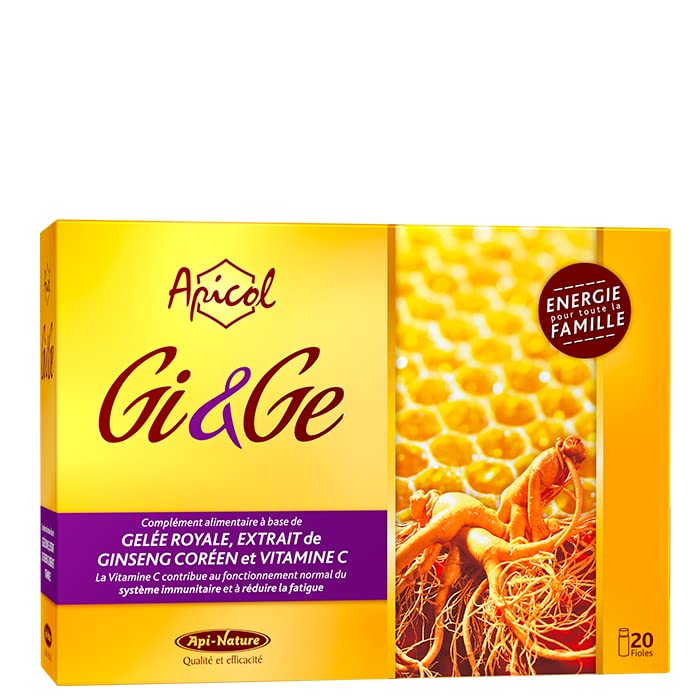 Gelée Royale et Ginseng Apicol, 20 Ampoules | Gelée royale, ginseng et vitamine C, formule en ampoules facile à prendre, énergie, vitalité et réduction de la fatigue
