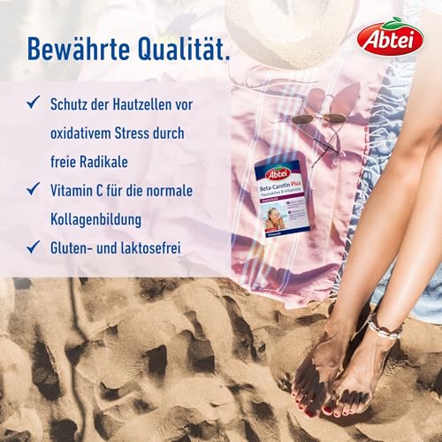 Abtei Beta-Carotin Plus - Nährstoffkombination aus hautaktiven B-Vitaminen, Vitamin C und Vitamin E - für gesunde & schöne Haut und Hautschutz - glutenfrei, laktosefrei - 50 Kapseln