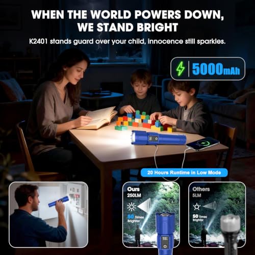 Image of Rechargeable Tactical Flashlights 2000 High Lumens - 5000mAh Super Bright LED Powerful Flash Light, Waterproof Handheld USB C Flashlight for Home,Car,Camping,Emergencies,5 Modes,Zoomable (2, Blue)