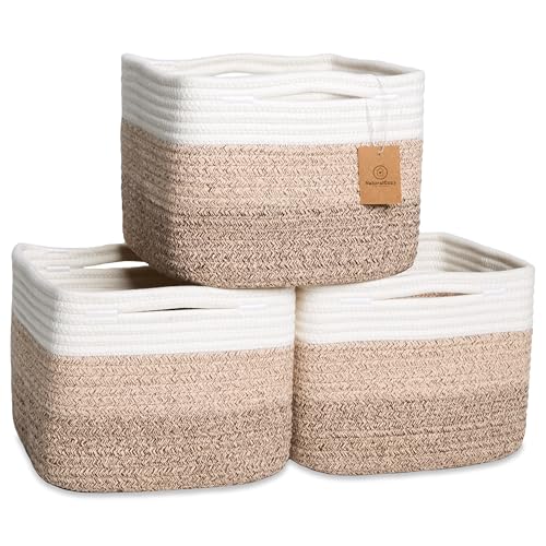 NaturalCozy Storage Cubes 9”x9”x7”Cotton Rope Woven Baskets for Organizing 3-Pack | 9 Inch Cube Storage Bin | Small Basket for Shelf Nursery, Pantry, Decorative Plant, Bathroom Closet, Toy Gift