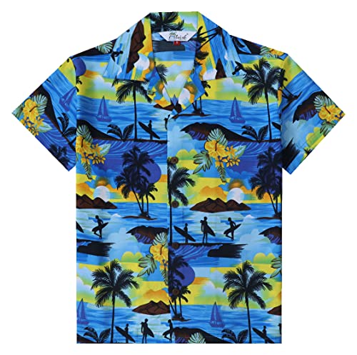 ALVISH Hawaiian Shirts 43B Boys Allover Print Beach Aloha Party Camp Blue M