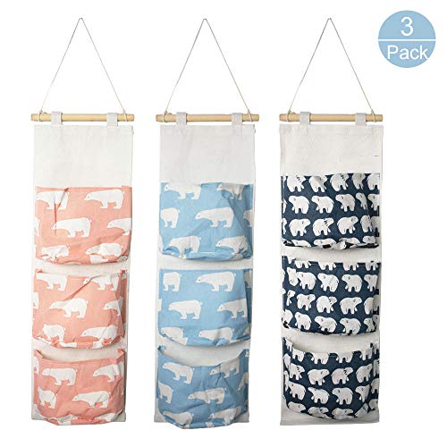 CREATIEES 3pz Pared Colgando Almacenamiento Bolso, Impermeable Encima los Puerta Armario Organizador, Lino Farbric Colgando Bolsillo Organizador con 3 Bolsillos