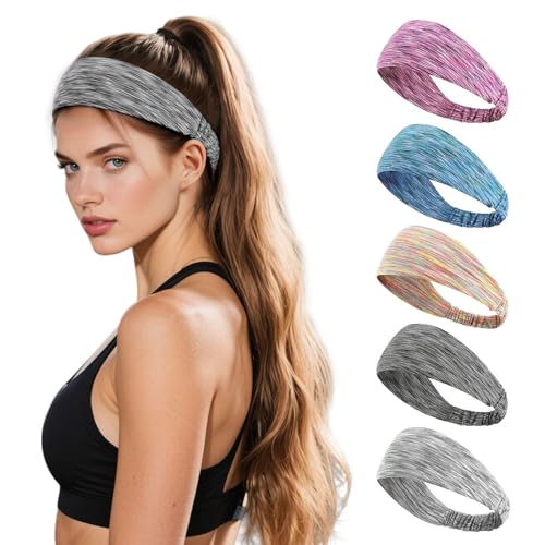 TESGADGETS 5 Piezas de Bandas para el Sudor, Cintas de Yoga Anchas Que disipan la Humedad, Antideslizantes, Suaves y elásticas para Entrenamiento, Correr y Gimnasio