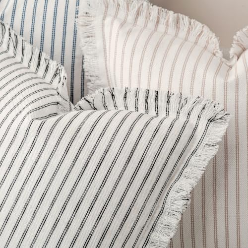 Image of ZWJD Throw Pillow Covers 16x16 Set of 2 Striped Pillow Covers with Fringe Chic Cotton Decorative Pillows Square Cushion Covers for Sofa Couch Bed Living Room Farmhouse Decor, (Black)