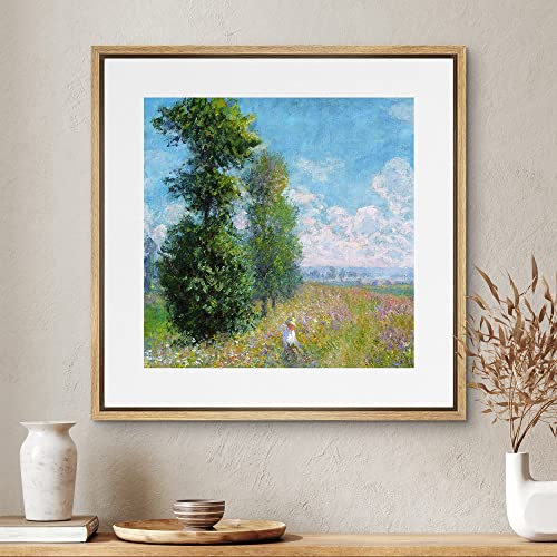Signwin Framed Canvas Print Wall Art Meadow With Poplars By Claude Monet Nature Wilderness Oil Painting Impressionism Rustic Scenic Colorful For Living Room, Bedroom, Office - 16"X16" Natural #TOP2