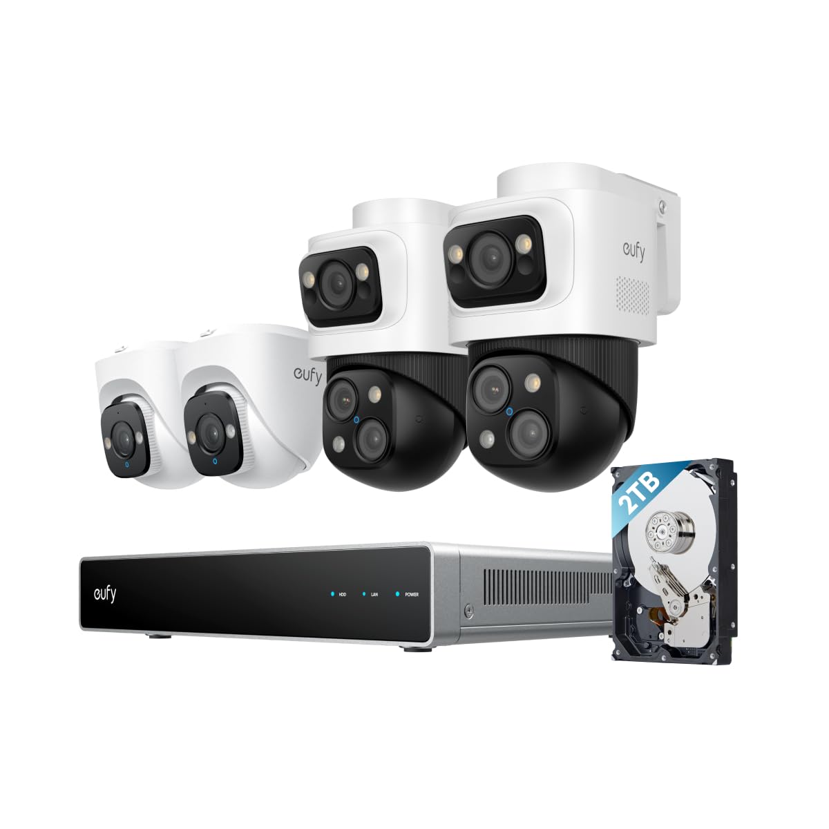 eufy Security S4 Camaras de vigilancia Exterior PoE NVR, 2 cámaras Bullet-PTZ, 2 cámaras Torre, Encuadre y Seguimiento automático IA, búsqueda Inteligente de Video, luz estroboscópica, grabación 24/7