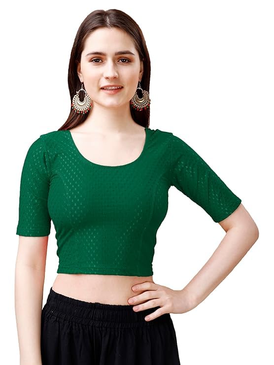Women's Beautiful & Stylish Solid on Round Neck Elbow Length Sleeve Stretchable Cotton Blend Readymade Casual Saree Blouse-image-6