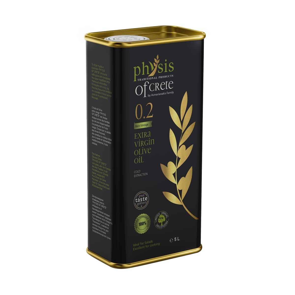 Physis of Crete 0.2 Olivenöl Extra Vergine aus Kreta, Griechisches Olivenöl, Koroneiki, Kaltgepresst, Erste Pressung, Niedrige Säure 0,2%, Handgepflückt, 5 L