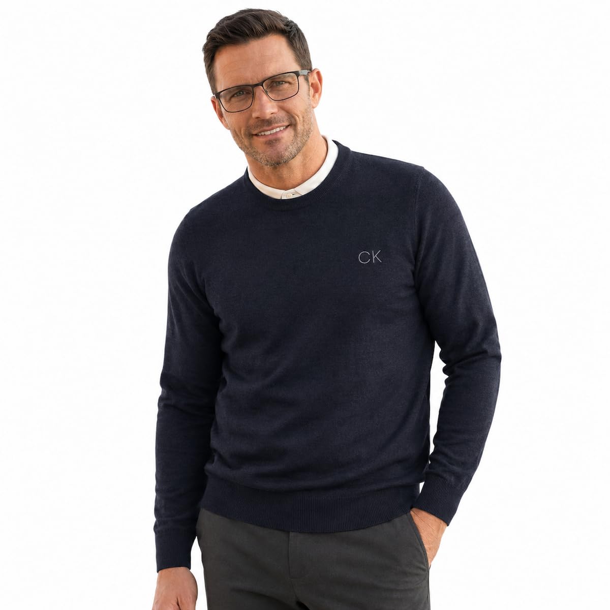 Calvin Klein Męski okrągły sweter golfowy 2022 z okrągłym dekoltem, Denim Marl, 3XL