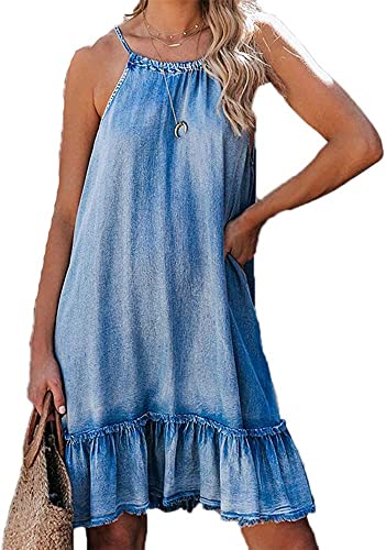 oytto Jeanskleid Neckholder Ärmellos Damen Sommerkleider, mehrfarbig, L